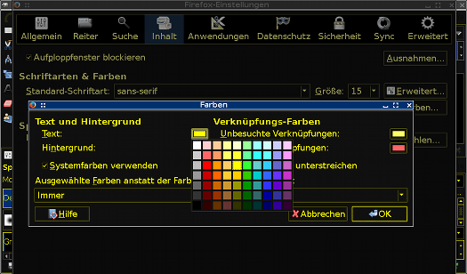 Firefox-Farbeinstellungen in invertierten Farben